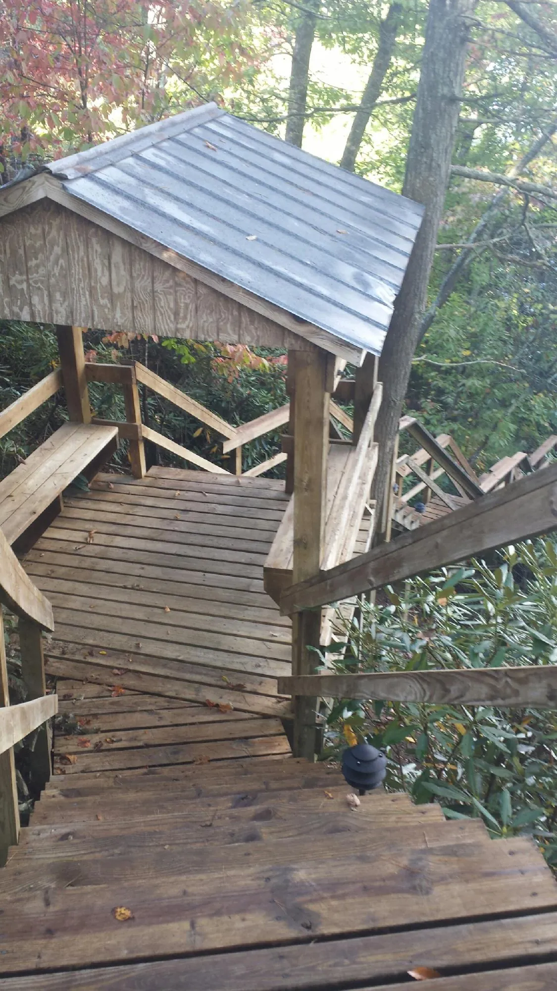 Metal roofed shelter over wooden steps on a wooded walkway — Skylight Repair & Installation work by our crew in Park Hall